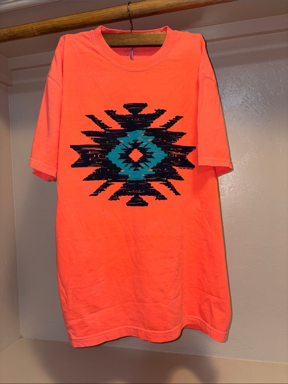 Neon Coral Short Sleeve Graphic Tee with Aztec Motif